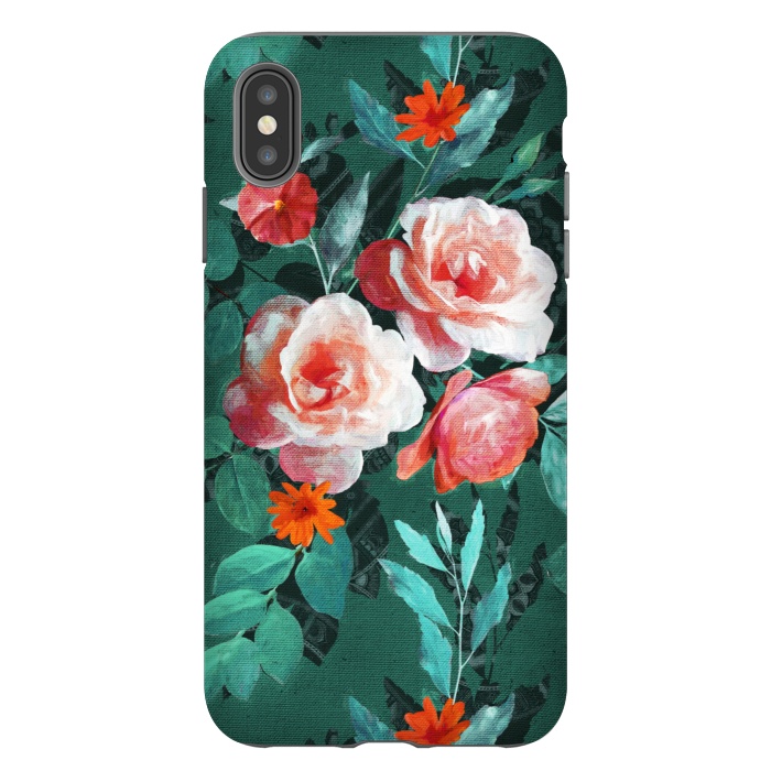 iPhone Xs Max StrongFit Retro Rose Chintz in Melon Pink on Dark Emerald Green by Micklyn Le Feuvre