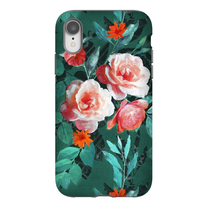 iPhone Xr StrongFit Retro Rose Chintz in Melon Pink on Dark Emerald Green by Micklyn Le Feuvre