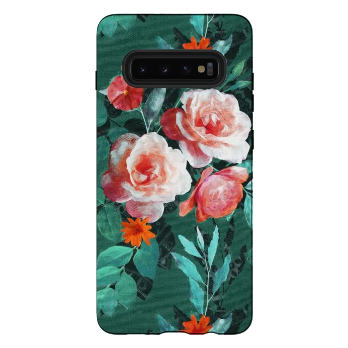 Galaxy S10 plus StrongFit Retro Rose Chintz in Melon Pink on Dark Emerald Green by Micklyn Le Feuvre