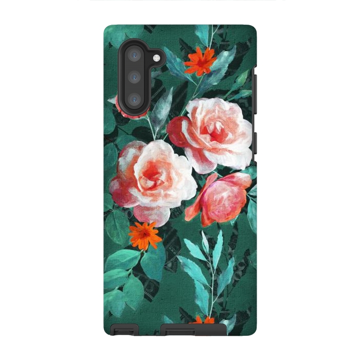Galaxy Note 10 StrongFit Retro Rose Chintz in Melon Pink on Dark Emerald Green by Micklyn Le Feuvre
