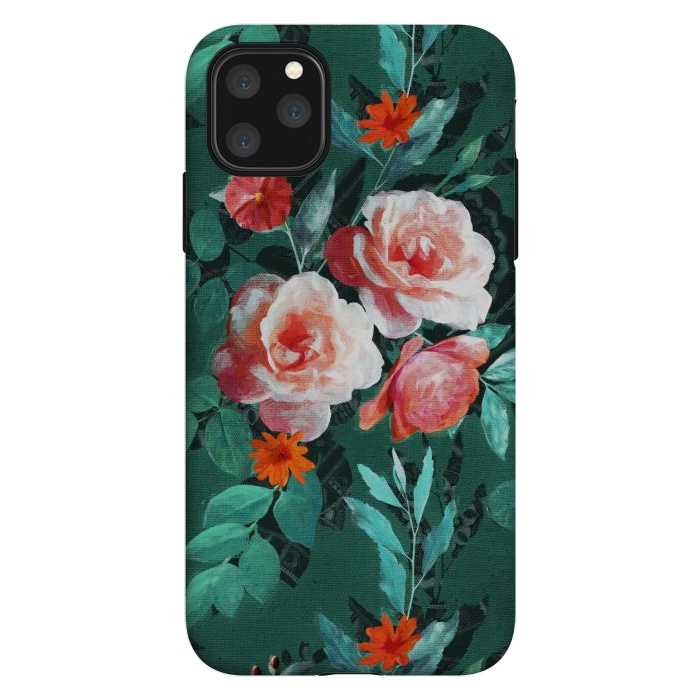 iPhone 11 Pro Max StrongFit Retro Rose Chintz in Melon Pink on Dark Emerald Green by Micklyn Le Feuvre