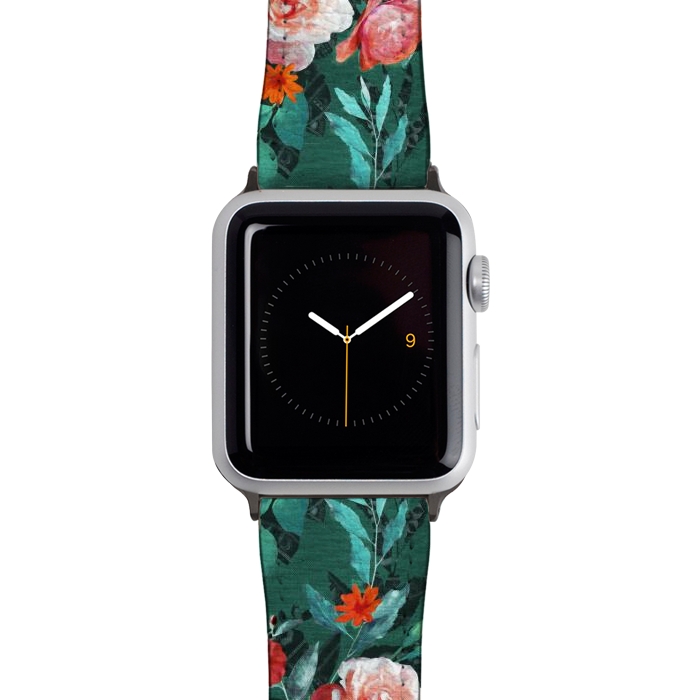 Watch 38mm / 40mm Strap PU leather Retro Rose Chintz in Melon Pink on Dark Emerald Green by Micklyn Le Feuvre