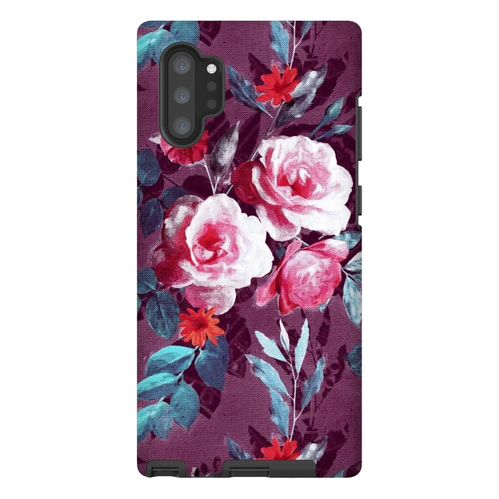 Galaxy Note 10 plus StrongFit Retro Rose Chintz in Magenta and Plum by Micklyn Le Feuvre
