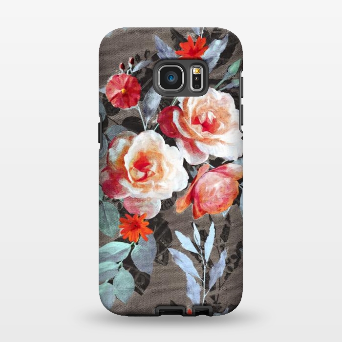 Galaxy S7 EDGE StrongFit Retro Rose Chintz in Scarlet, Peach, Sage and Grey by Micklyn Le Feuvre