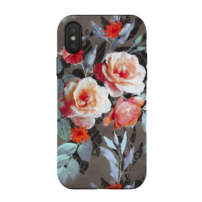 iPhone Xs / X StrongFit Retro Rose Chintz in Scarlet, Peach, Sage and Grey by Micklyn Le Feuvre