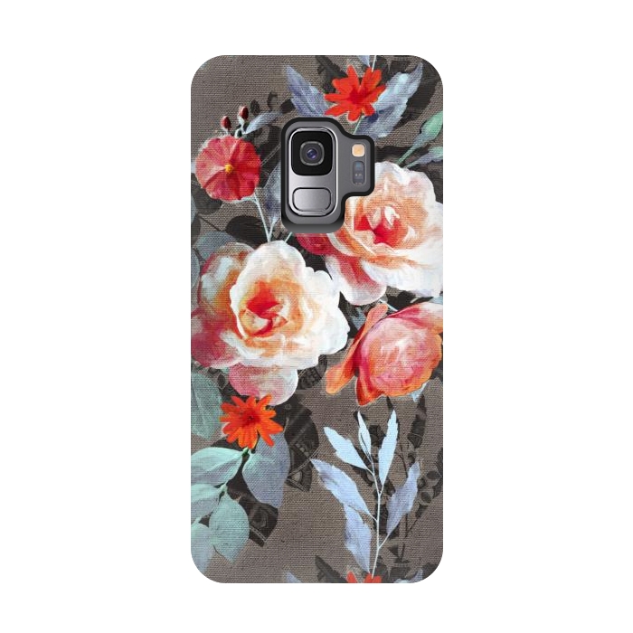 Galaxy S9 StrongFit Retro Rose Chintz in Scarlet, Peach, Sage and Grey by Micklyn Le Feuvre