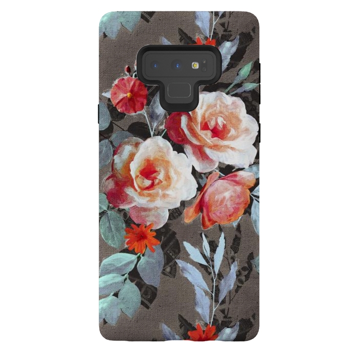 Galaxy Note 9 StrongFit Retro Rose Chintz in Scarlet, Peach, Sage and Grey by Micklyn Le Feuvre