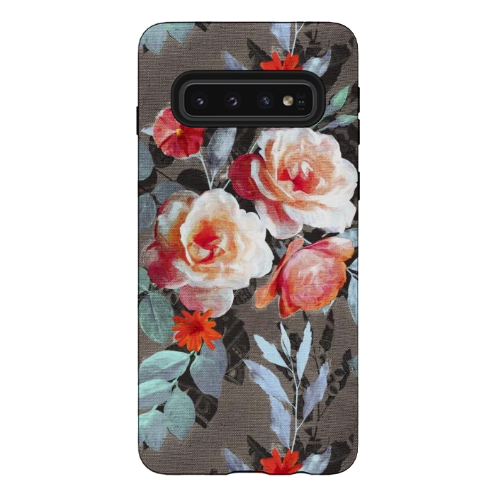 Galaxy S10 StrongFit Retro Rose Chintz in Scarlet, Peach, Sage and Grey by Micklyn Le Feuvre