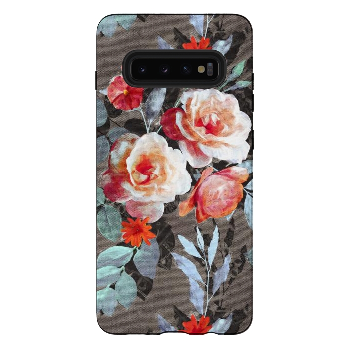 Galaxy S10 plus StrongFit Retro Rose Chintz in Scarlet, Peach, Sage and Grey by Micklyn Le Feuvre