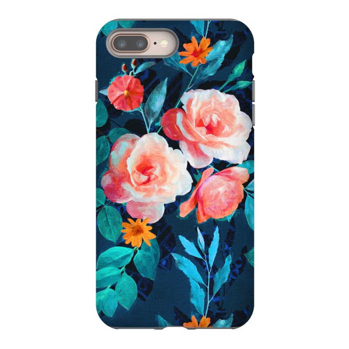 iPhone 7 plus StrongFit Retro Rose Chintz in Bright Coral and Peach on Indigo Blue by Micklyn Le Feuvre