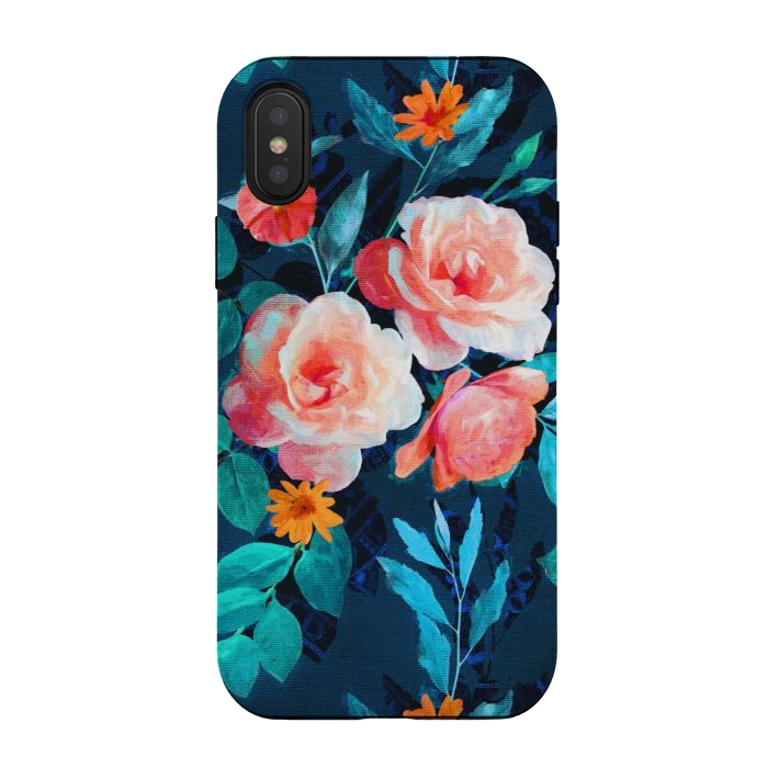 iPhone Xs / X StrongFit Retro Rose Chintz in Bright Coral and Peach on Indigo Blue by Micklyn Le Feuvre
