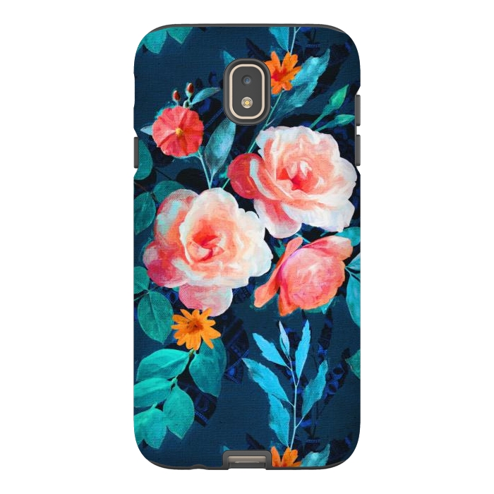 Galaxy J7 StrongFit Retro Rose Chintz in Bright Coral and Peach on Indigo Blue by Micklyn Le Feuvre