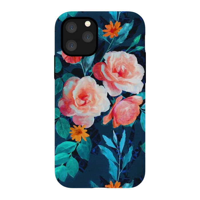 iPhone 11 Pro StrongFit Retro Rose Chintz in Bright Coral and Peach on Indigo Blue by Micklyn Le Feuvre