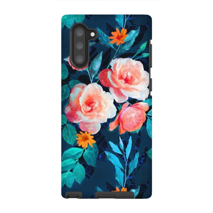Galaxy Note 10 StrongFit Retro Rose Chintz in Bright Coral and Peach on Indigo Blue by Micklyn Le Feuvre