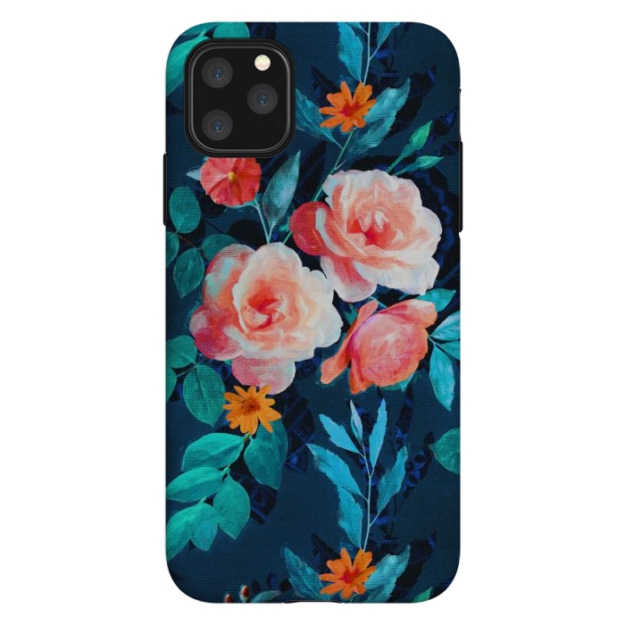 iPhone 11 Pro Max StrongFit Retro Rose Chintz in Bright Coral and Peach on Indigo Blue by Micklyn Le Feuvre