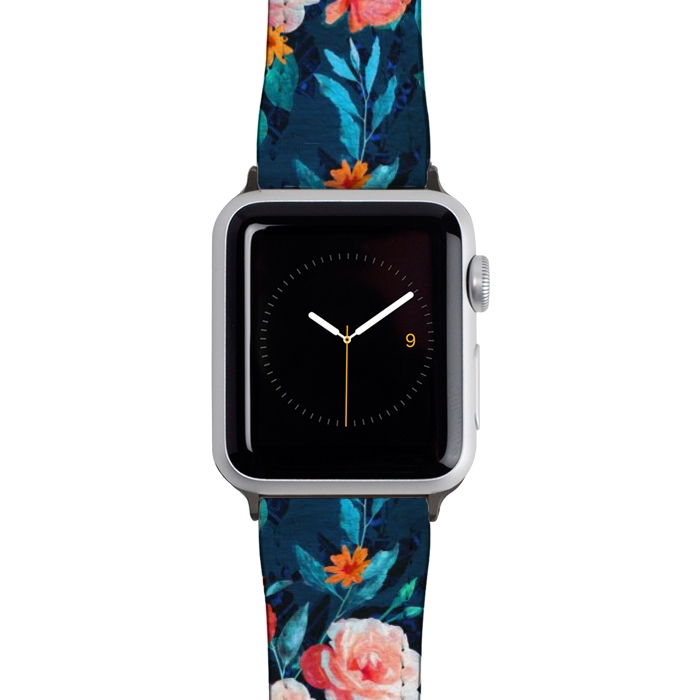 Watch 42mm / 44mm Strap PU leather Retro Rose Chintz in Bright Coral and Peach on Indigo Blue by Micklyn Le Feuvre
