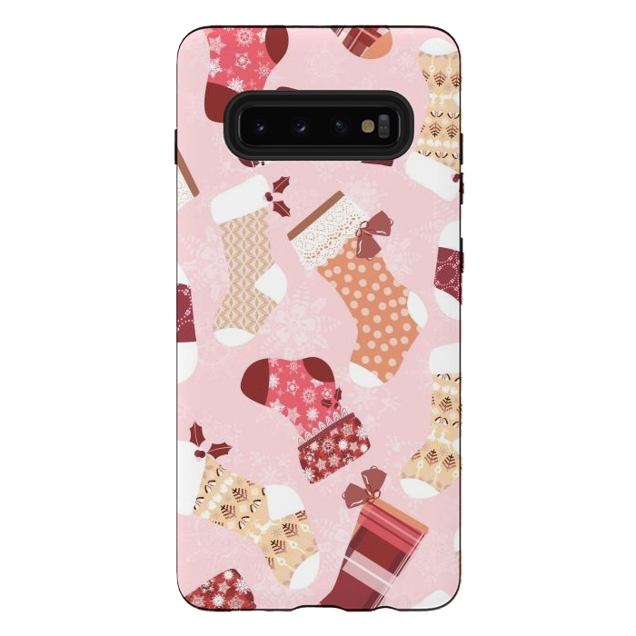 Galaxy S10 plus StrongFit Christmas Stockings in Pink and Orange by Paula Ohreen