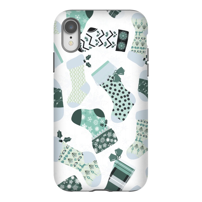 iPhone Xr StrongFit Christmas Stockings in Green and White by Paula Ohreen