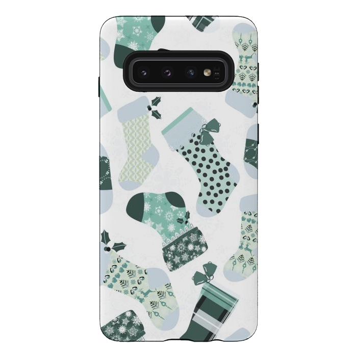 Galaxy S10 StrongFit Christmas Stockings in Green and White by Paula Ohreen