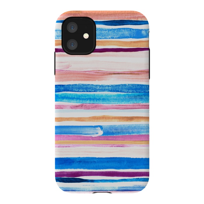 iPhone 11 StrongFit Pastel Pink, Plum and Cobalt Blue Gouache Stripes by Micklyn Le Feuvre