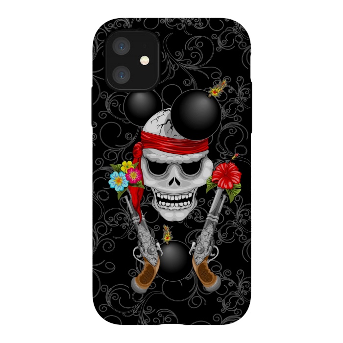 iPhone 11 StrongFit Pirate Skull, Ancient Guns, Flowers and Cannonballs by BluedarkArt