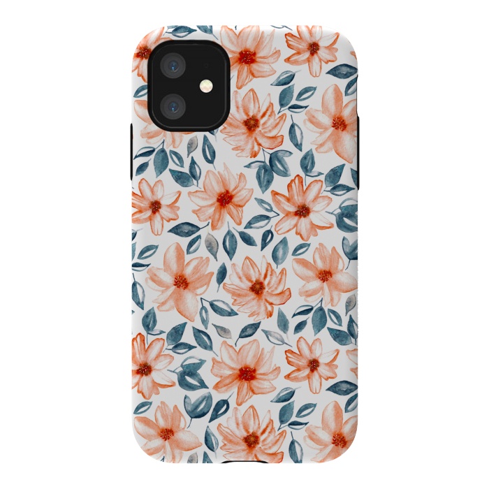 iPhone 11 StrongFit Orange & Navy Watercolor Floral  by Tigatiga