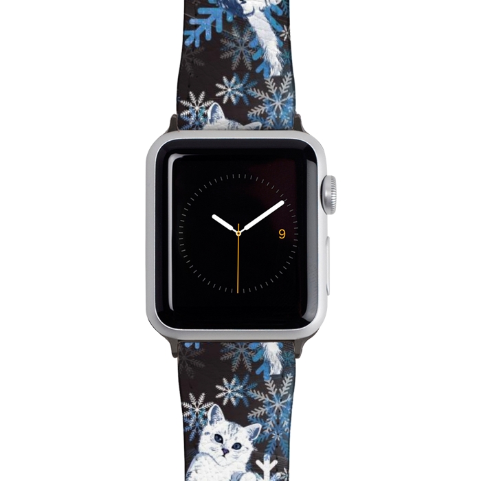 Watch 42mm / 44mm Strap PU leather Cute kitty with blue metallic snowflakes by Oana 