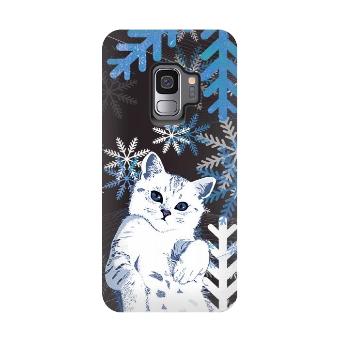 Galaxy S9 StrongFit Cute kitty with blue metallic snowflakes by Oana 