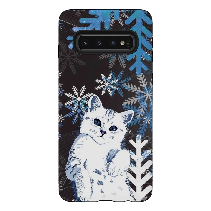Galaxy S10 StrongFit Cute kitty with blue metallic snowflakes by Oana 