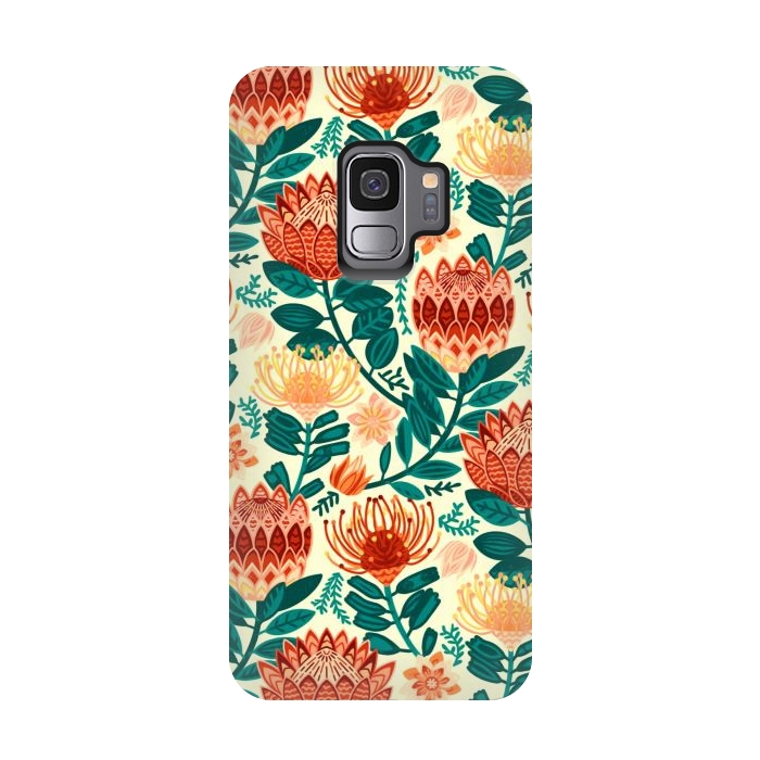 Galaxy S9 StrongFit Protea Chintz - Orange & Teal  by Tigatiga