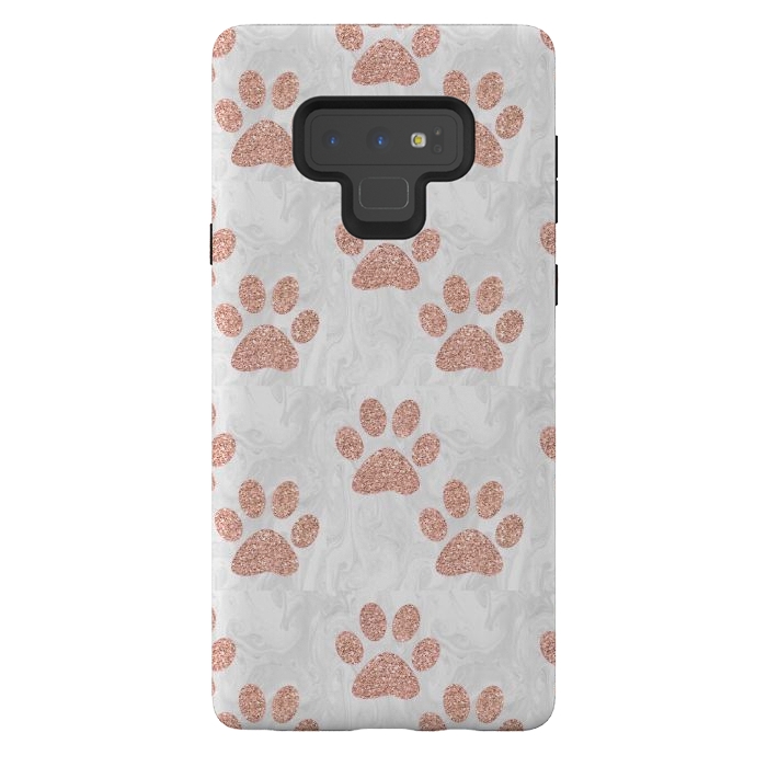 Galaxy Note 9 StrongFit Rose Gold Paw Prints on Marble by Julie Erin Designs