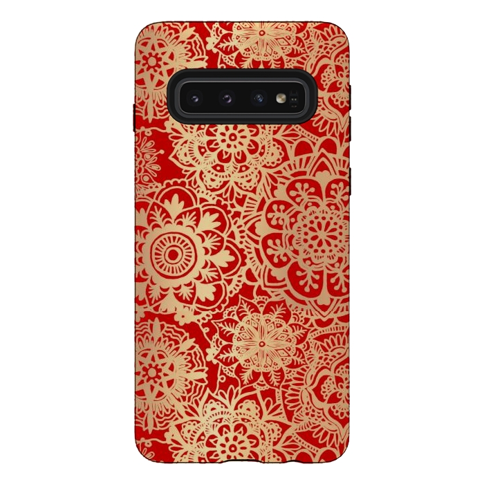 Galaxy S10 StrongFit Red and Gold Mandala Pattern by Julie Erin Designs