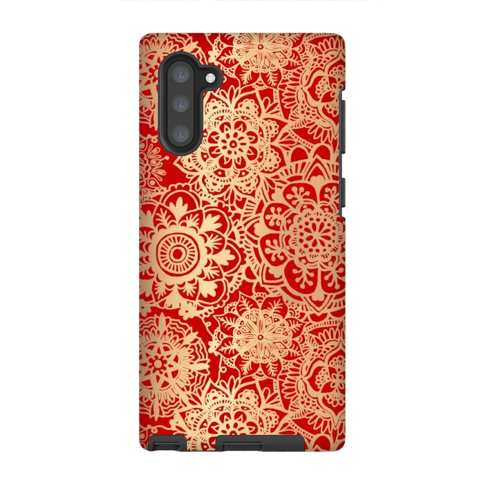 Galaxy Note 10 StrongFit Red and Gold Mandala Pattern by Julie Erin Designs