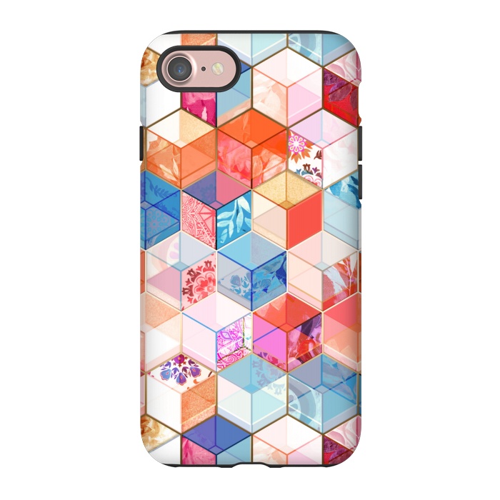 iPhone 7 StrongFit Coral, Cream and Cobalt Kaleidoscope Cubes by Micklyn Le Feuvre
