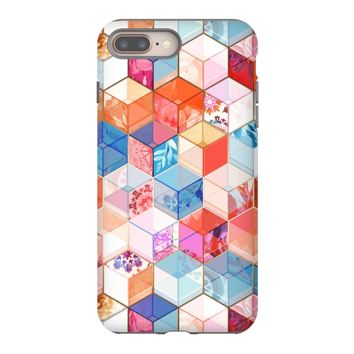 iPhone 7 plus StrongFit Coral, Cream and Cobalt Kaleidoscope Cubes by Micklyn Le Feuvre
