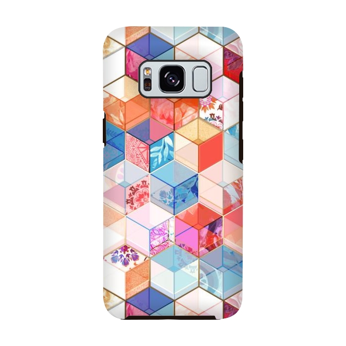 Galaxy S8 StrongFit Coral, Cream and Cobalt Kaleidoscope Cubes by Micklyn Le Feuvre