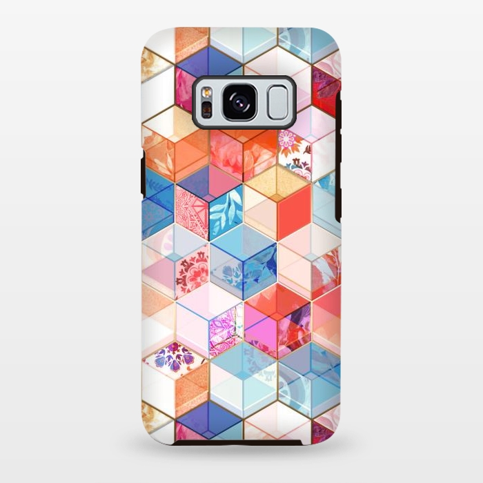 Galaxy S8 plus StrongFit Coral, Cream and Cobalt Kaleidoscope Cubes by Micklyn Le Feuvre