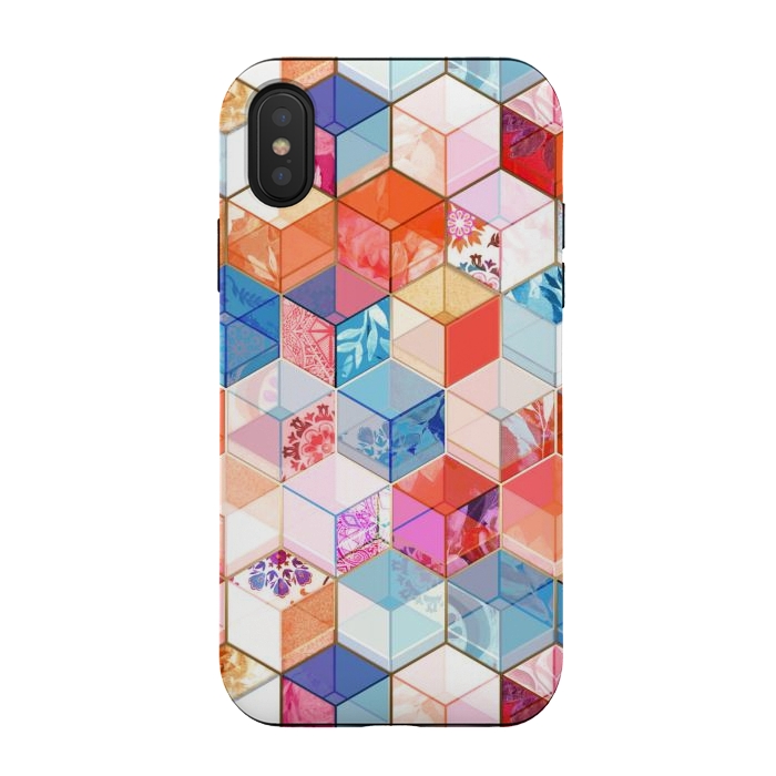 iPhone Xs / X StrongFit Coral, Cream and Cobalt Kaleidoscope Cubes by Micklyn Le Feuvre