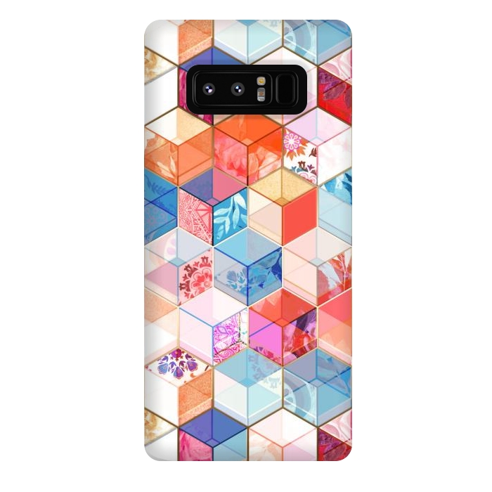 Galaxy Note 8 StrongFit Coral, Cream and Cobalt Kaleidoscope Cubes by Micklyn Le Feuvre