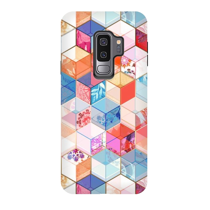 Galaxy S9 plus StrongFit Coral, Cream and Cobalt Kaleidoscope Cubes by Micklyn Le Feuvre