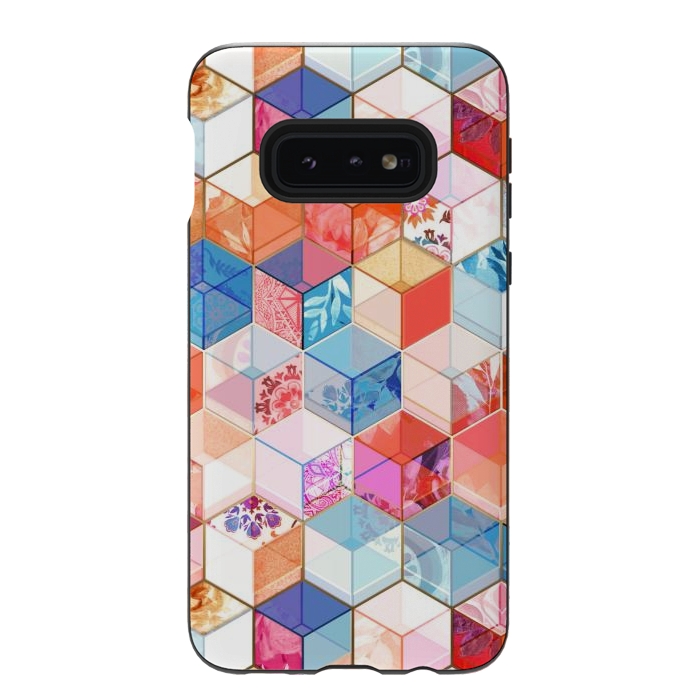 Galaxy S10e StrongFit Coral, Cream and Cobalt Kaleidoscope Cubes by Micklyn Le Feuvre