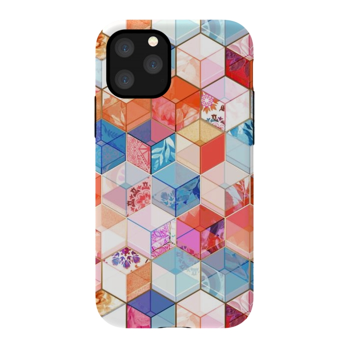 iPhone 11 Pro StrongFit Coral, Cream and Cobalt Kaleidoscope Cubes by Micklyn Le Feuvre