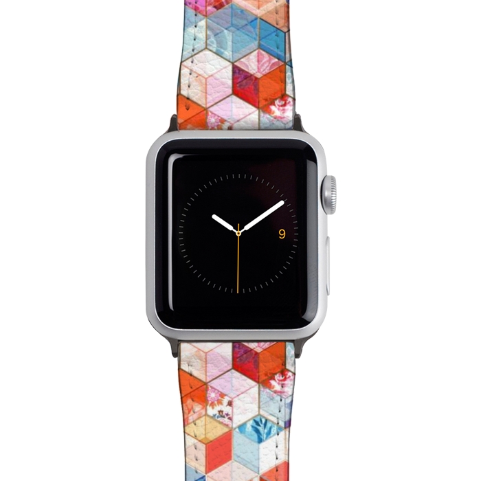 Watch 42mm / 44mm Strap PU leather Coral, Cream and Cobalt Kaleidoscope Cubes by Micklyn Le Feuvre