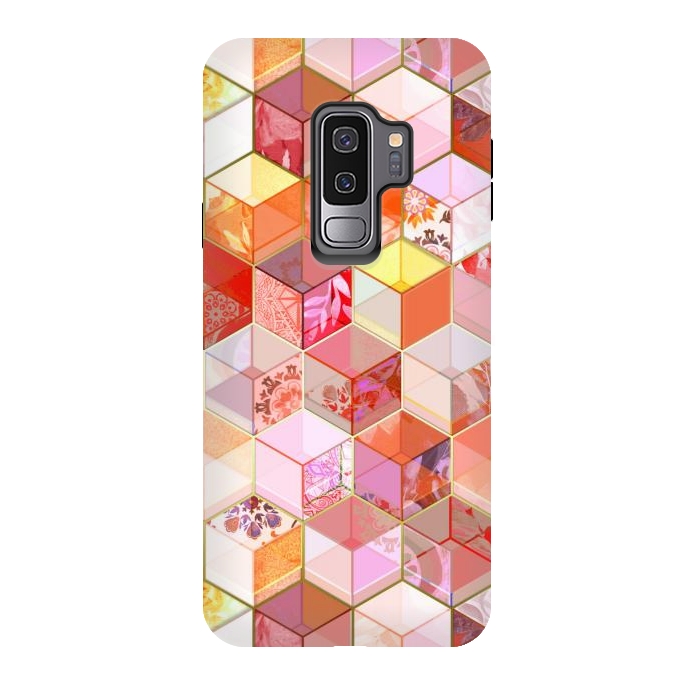 Galaxy S9 plus StrongFit Gold and Garnet Kaleidoscope Cubes by Micklyn Le Feuvre