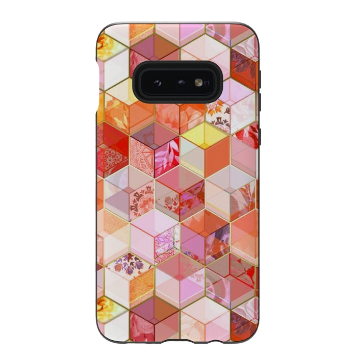 Galaxy S10e StrongFit Gold and Garnet Kaleidoscope Cubes by Micklyn Le Feuvre