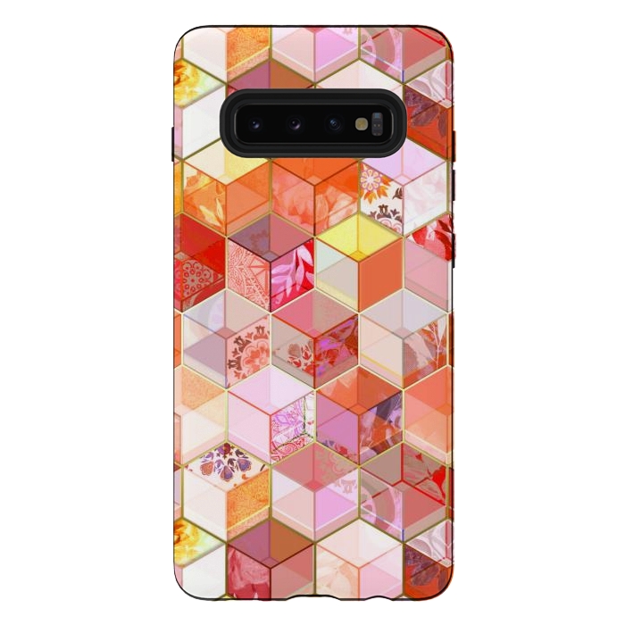 Galaxy S10 plus StrongFit Gold and Garnet Kaleidoscope Cubes by Micklyn Le Feuvre
