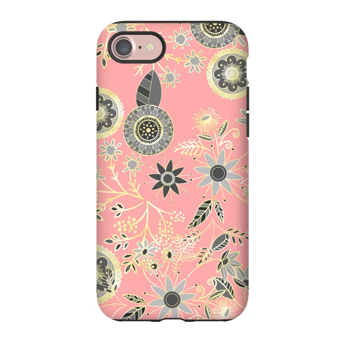 iPhone 7 StrongFit Elegant Gray and Pink Folk Floral Golden Design by InovArts
