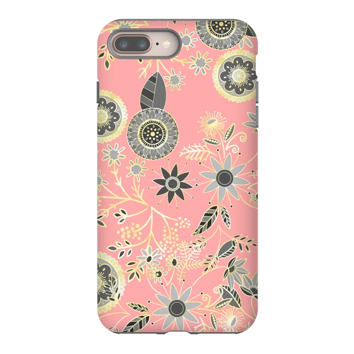 iPhone 7 plus StrongFit Elegant Gray and Pink Folk Floral Golden Design by InovArts