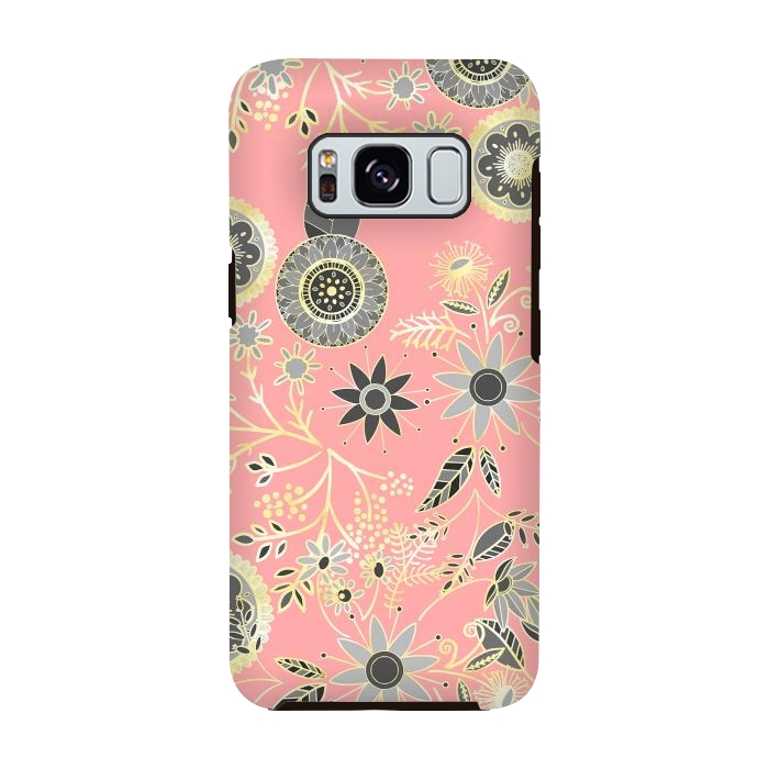 Galaxy S8 StrongFit Elegant Gray and Pink Folk Floral Golden Design by InovArts
