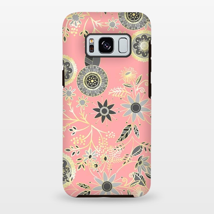 Galaxy S8 plus StrongFit Elegant Gray and Pink Folk Floral Golden Design by InovArts